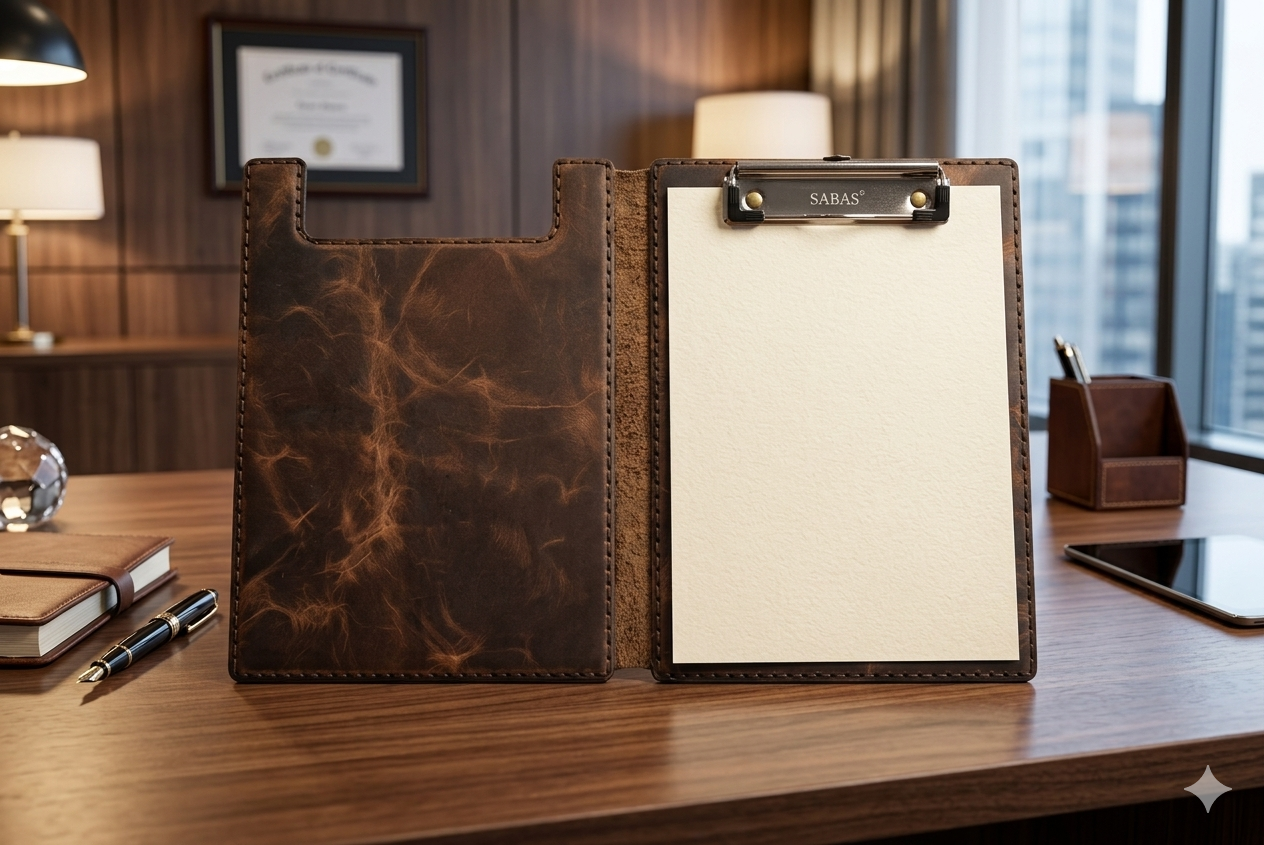 Hakiki Deri El Yapımı A5 Kapaklı Sekreterlik – Ahşap Dolgulu Clipboard, Premium Notluk
