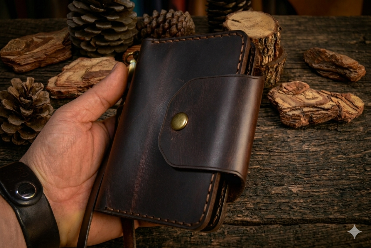 Afrodit Fermuarlı Cüzdan Çıtçıtlı Tasarım Hakiki Deri El Yapımı