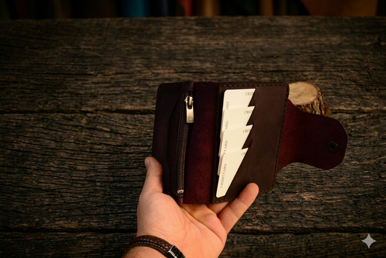 Afrodit Fermuarlı Cüzdan Çıtçıtlı Tasarım Hakiki Deri El Yapımı