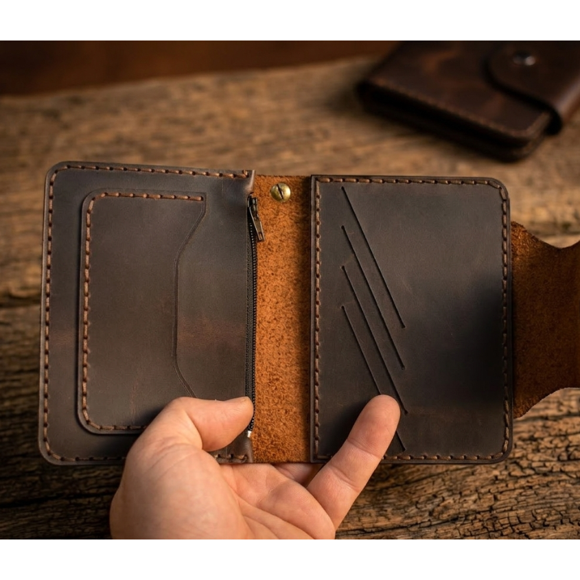 Afrodit Fermuarlı Cüzdan Çıtçıtlı Tasarım Hakiki Deri El Yapımı