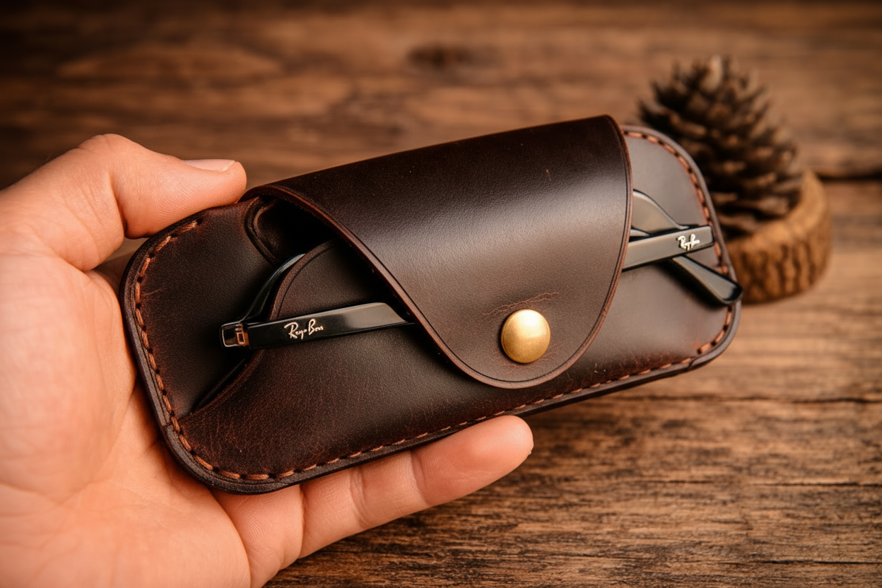 Gözlük Kılıfı V-5 El Yapımı Hakiki Deri Çıtçıtlı