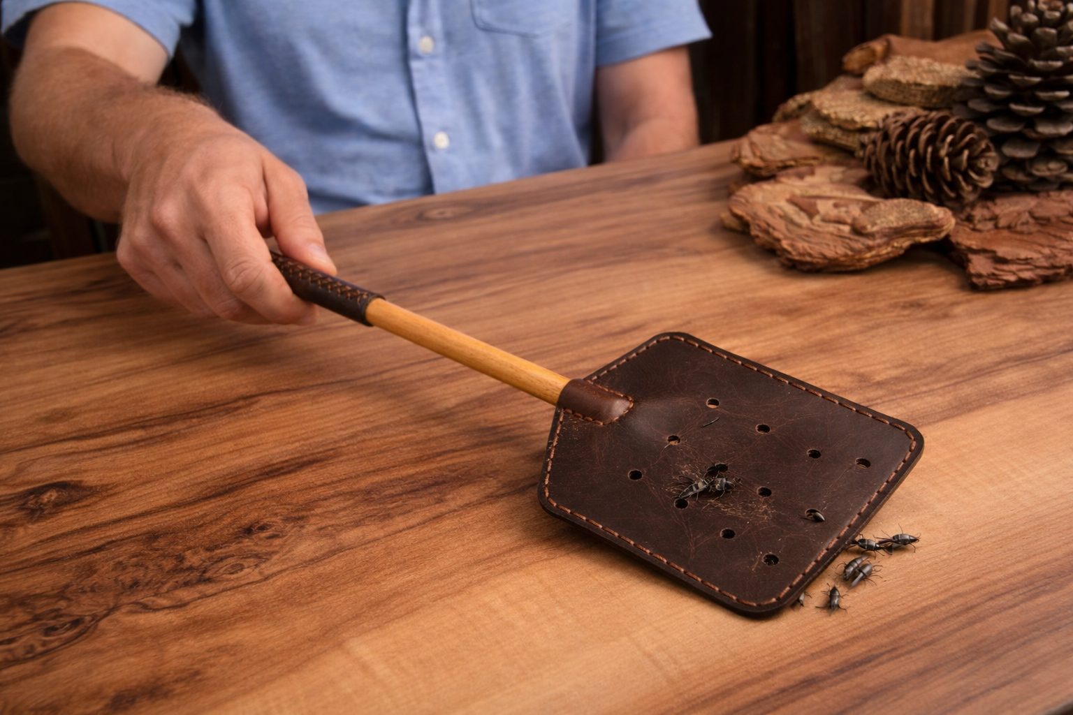 Deri Sinek Sopası Hakiki Deri El Yapımı Ahşap Saplı (Fly Swatter)