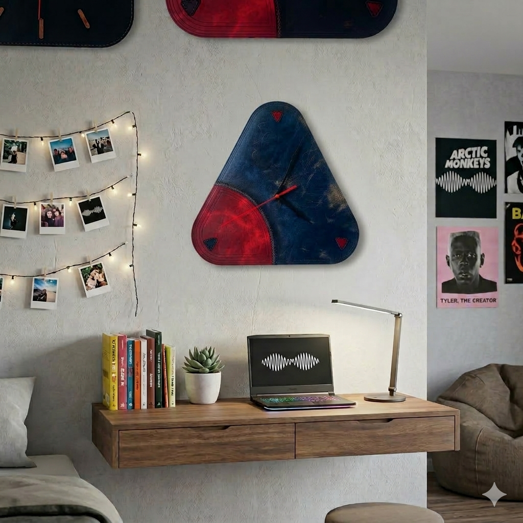 hakiki deri el yapimi deri duvar saati 33x33 cm – modern üçgen tasarım, kişiselleştirilebilir