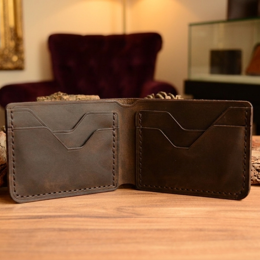 hakiki deri el yapimi ısm v-2 bifold deri cüzdan