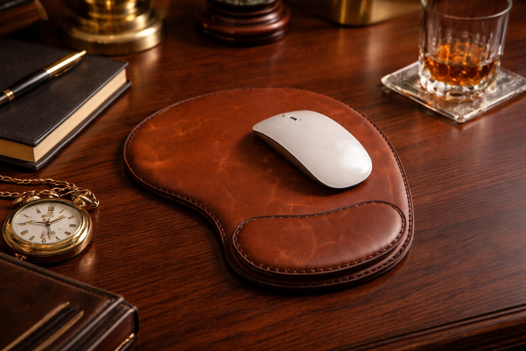 Hakiki Deri Mousepad Oval Bilek Destekli El Dikişi