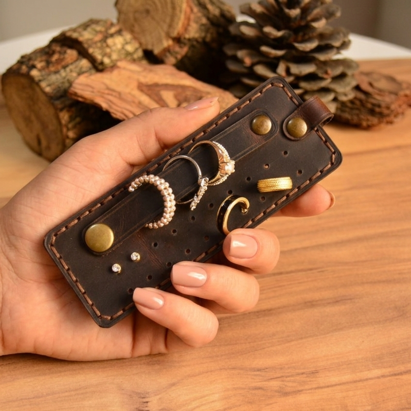 Hakiki Deri Takı Mini Organizer El Yapımı Kompakt